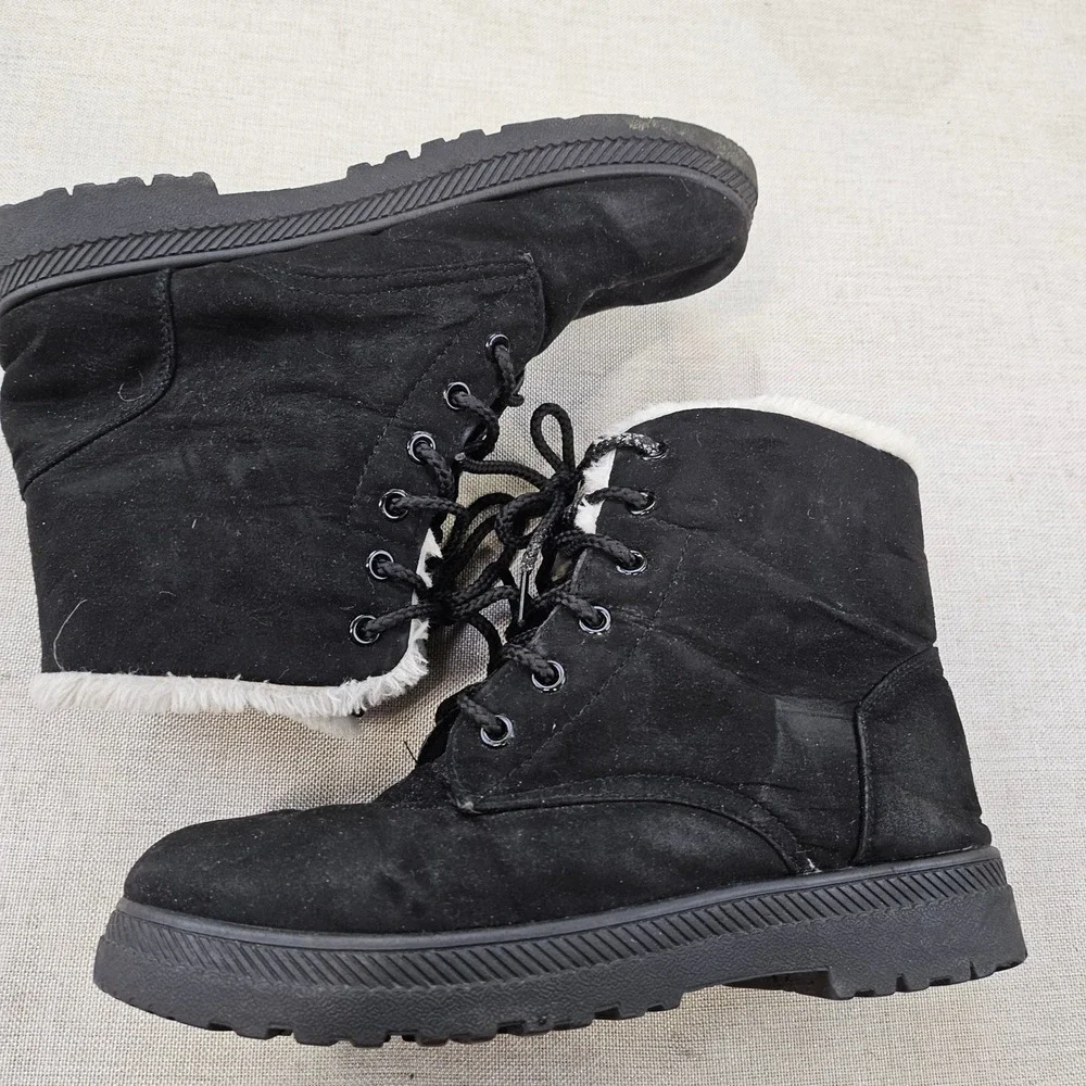 Merence Womens Ankle Boots Black Faux Fur Lined Lace Up Lug‎ Sole EU 40 / 9.5